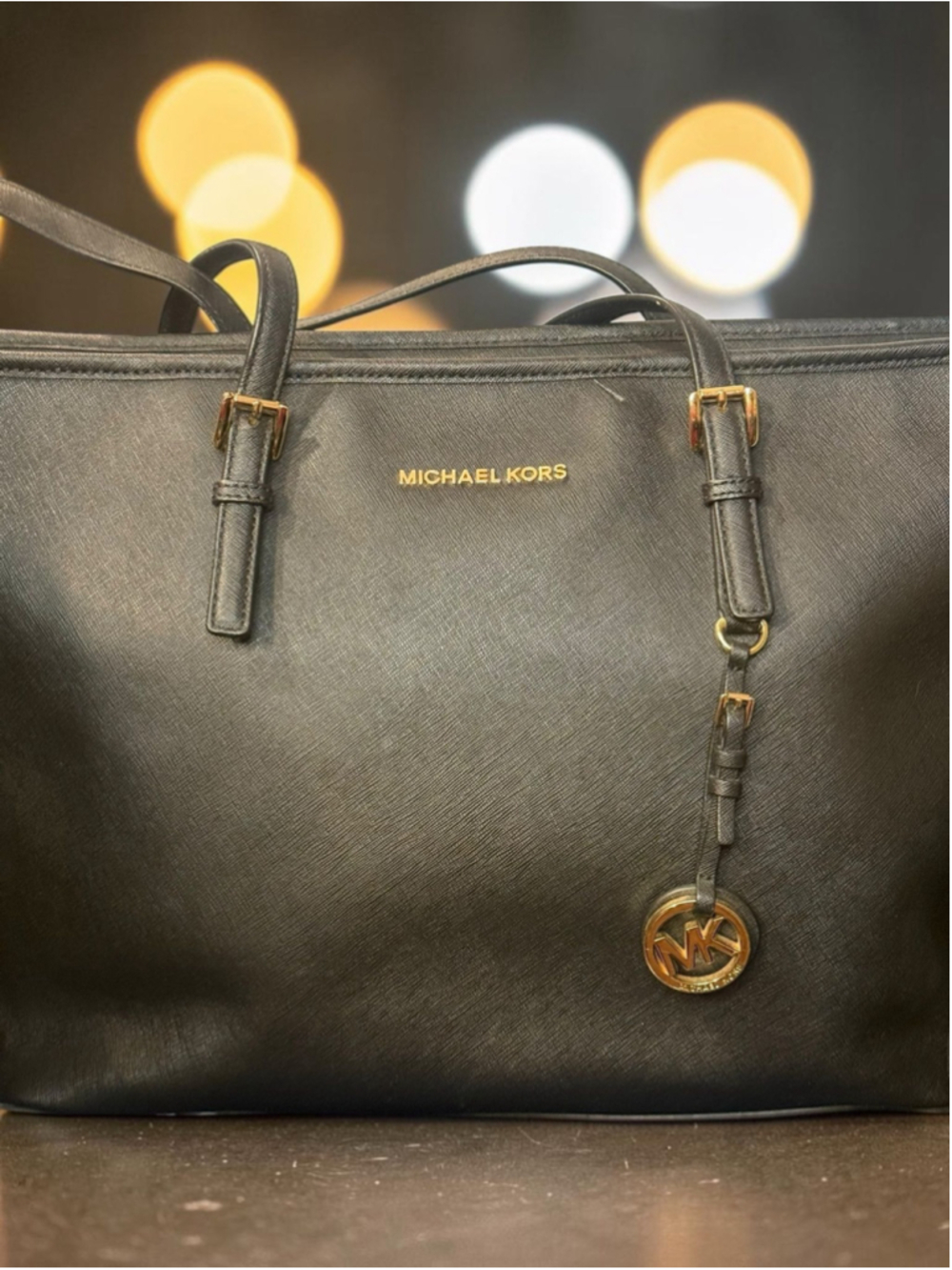 Michael Kors Jet Set Black Signature Logo Flat Crossbody Bag Silver Hardware